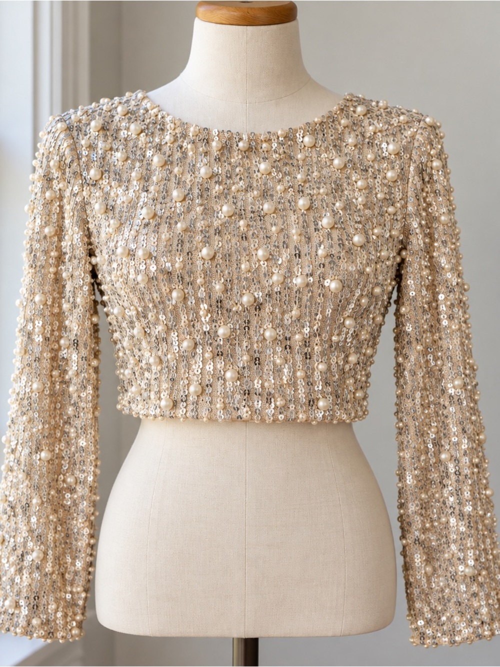 MABLE Sequin Pearl Crop Top Large Champagne Long Sleeve Holiday Party NWT Glam